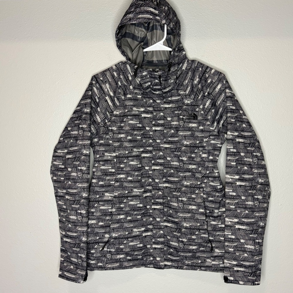 The North Face Rain Jacket Women Small Black Grey White Geometric Chevron Hooded